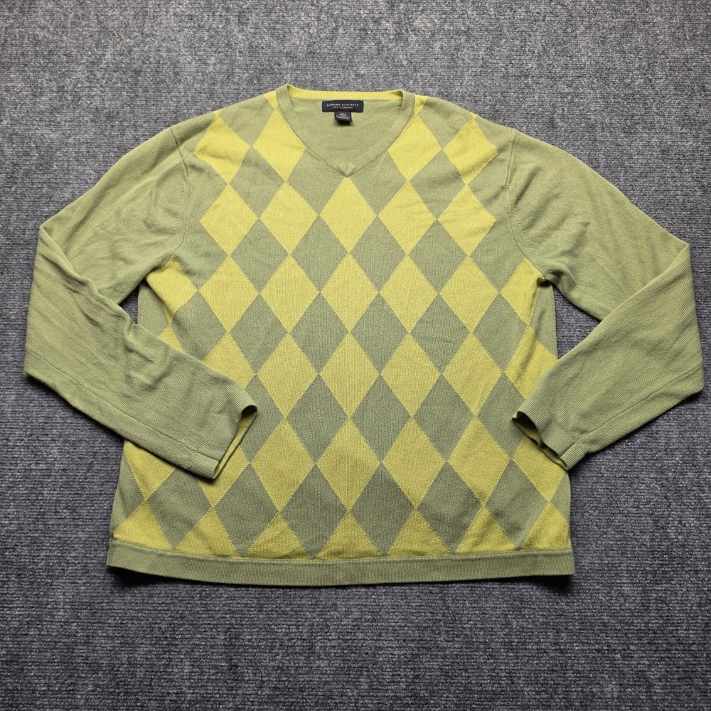 Vintage Banana Republic Mens Large Silk Cashmere Argyle Sweater Sage Lime V-Neck